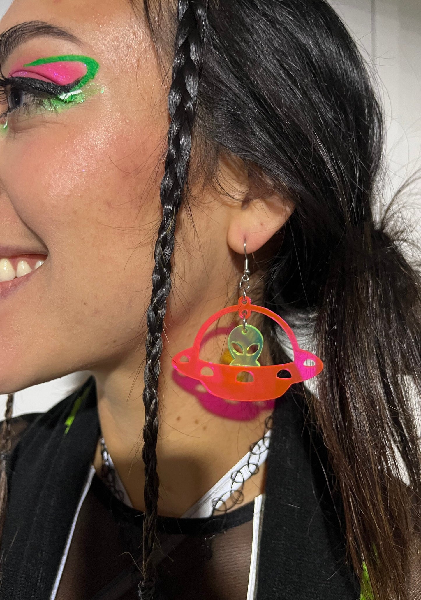 Pink Neon UFO Alien Earrings