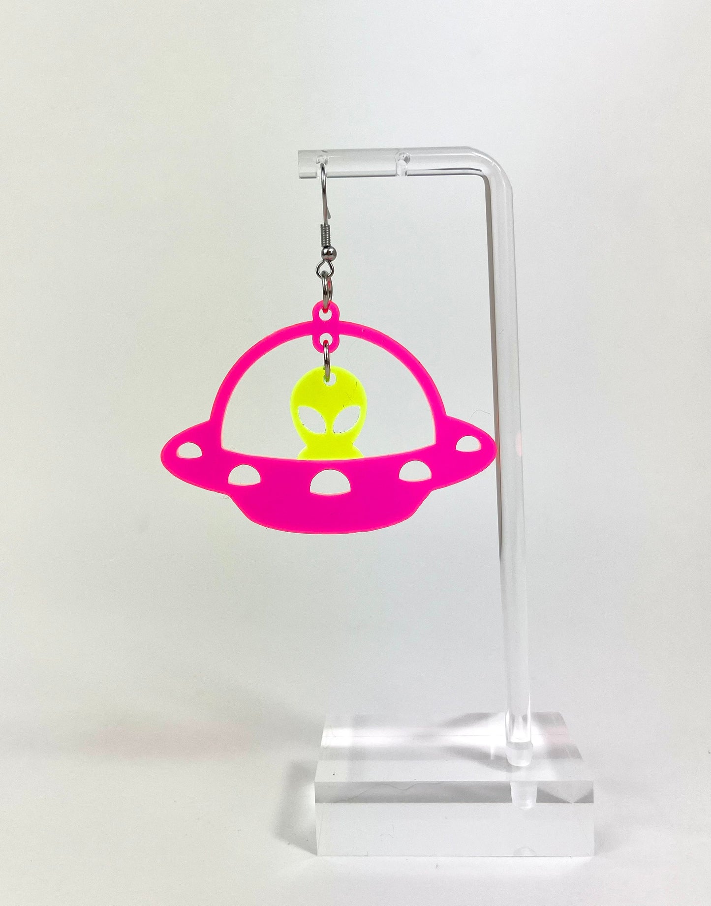 Pink Neon UFO Alien Earrings