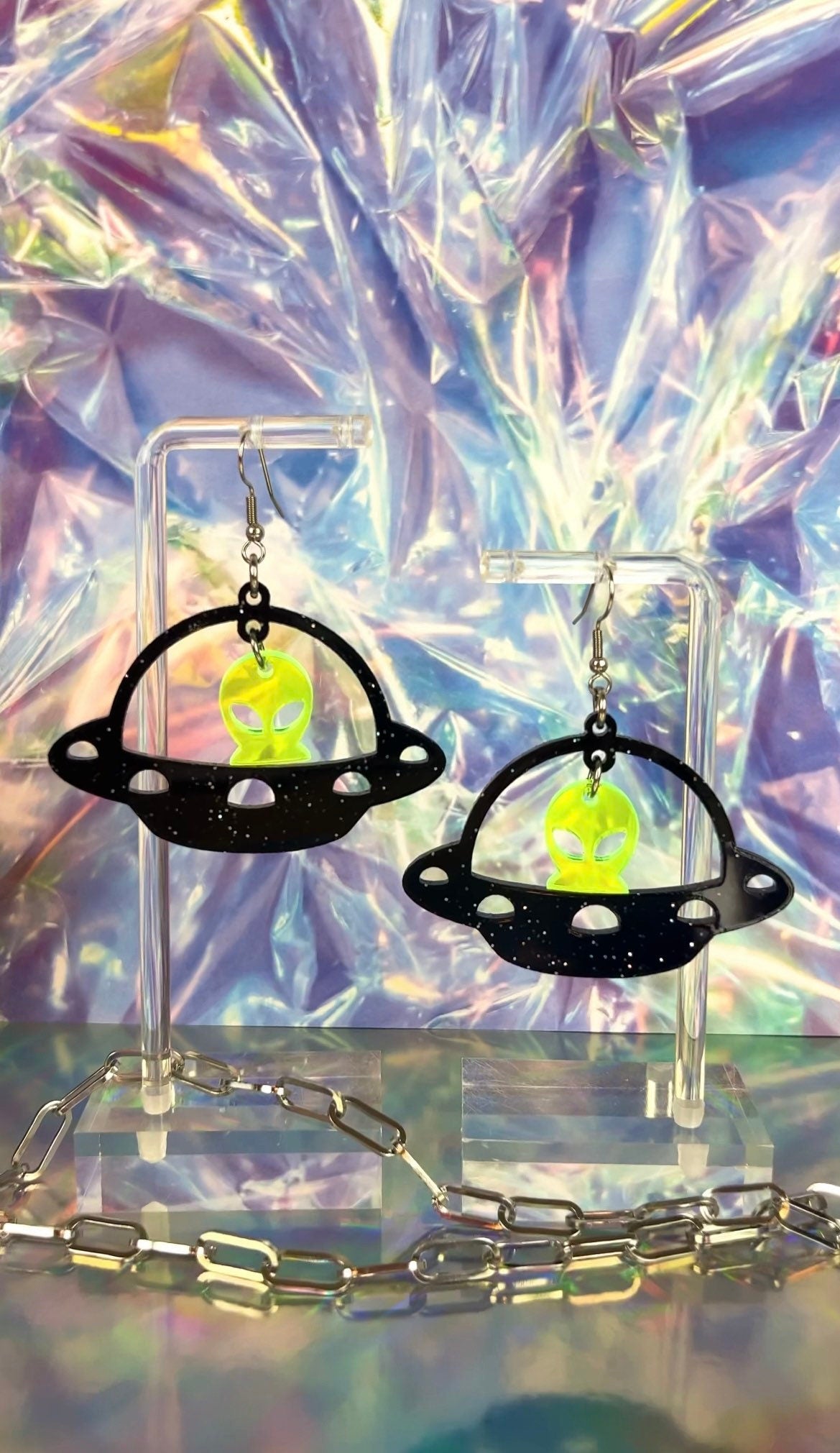 Black Glitter UFO Alien Earrings