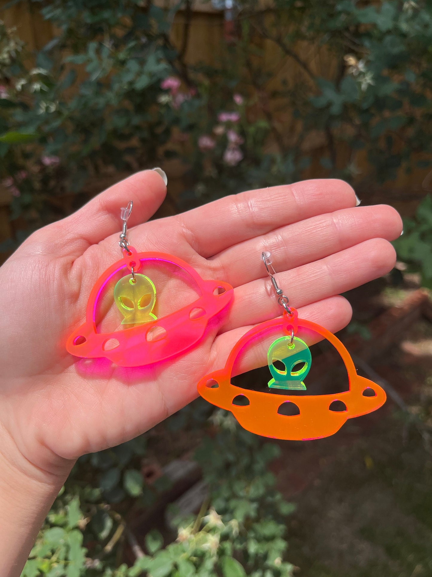 Pink Neon UFO Alien Earrings