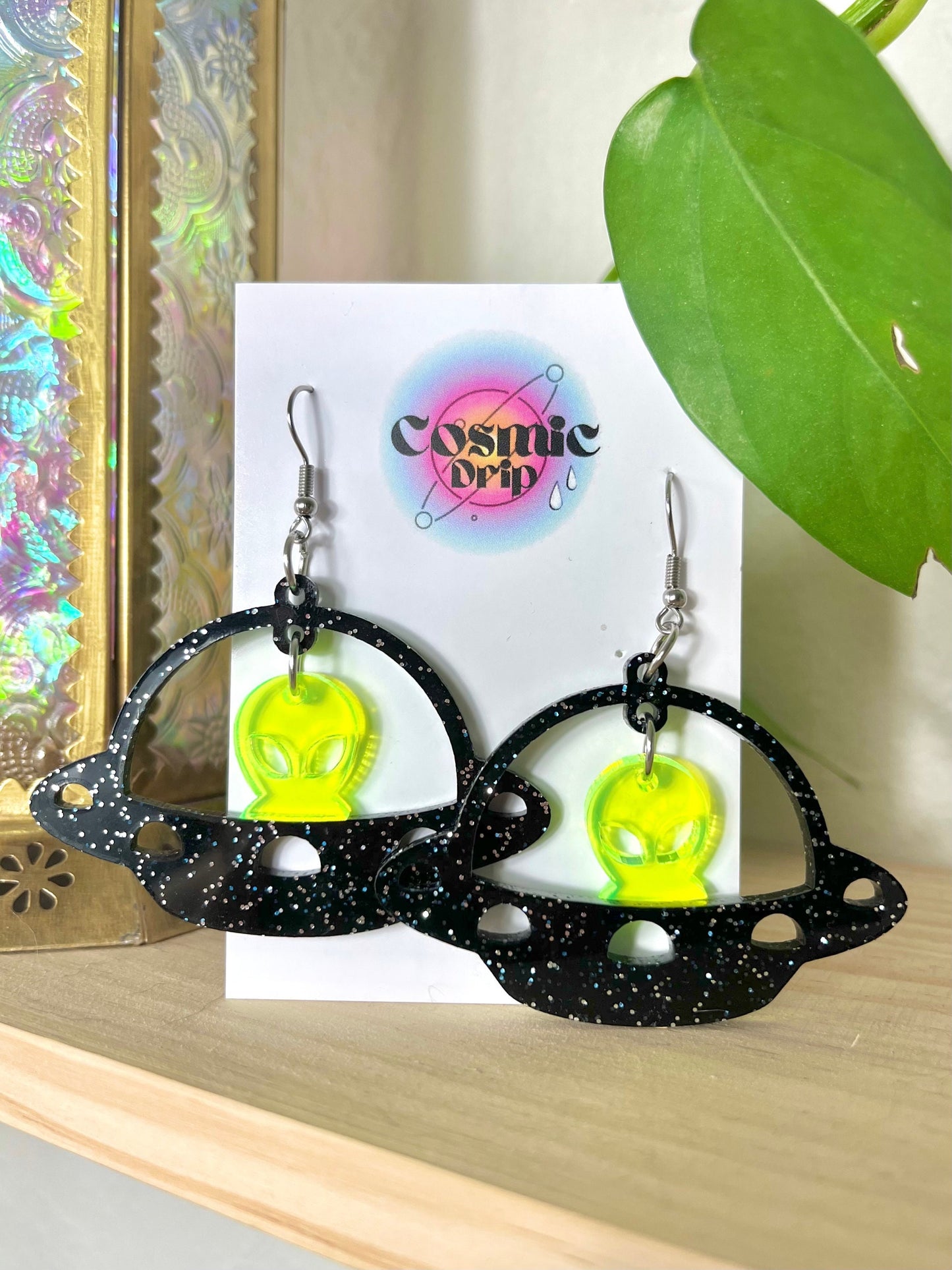 Black Glitter UFO Alien Earrings