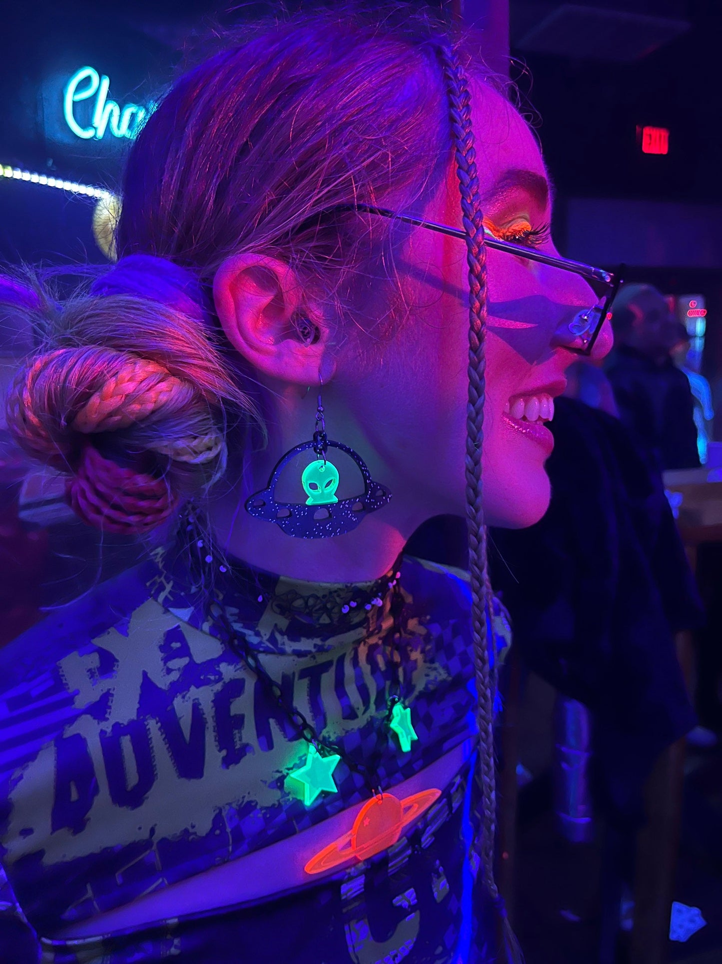 Black Glitter UFO Alien Earrings