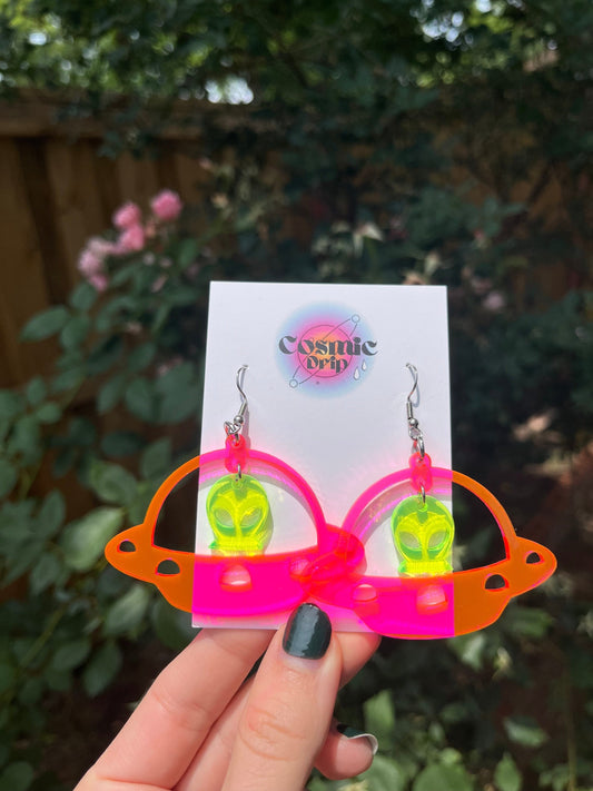 Pink Neon UFO Alien Earrings